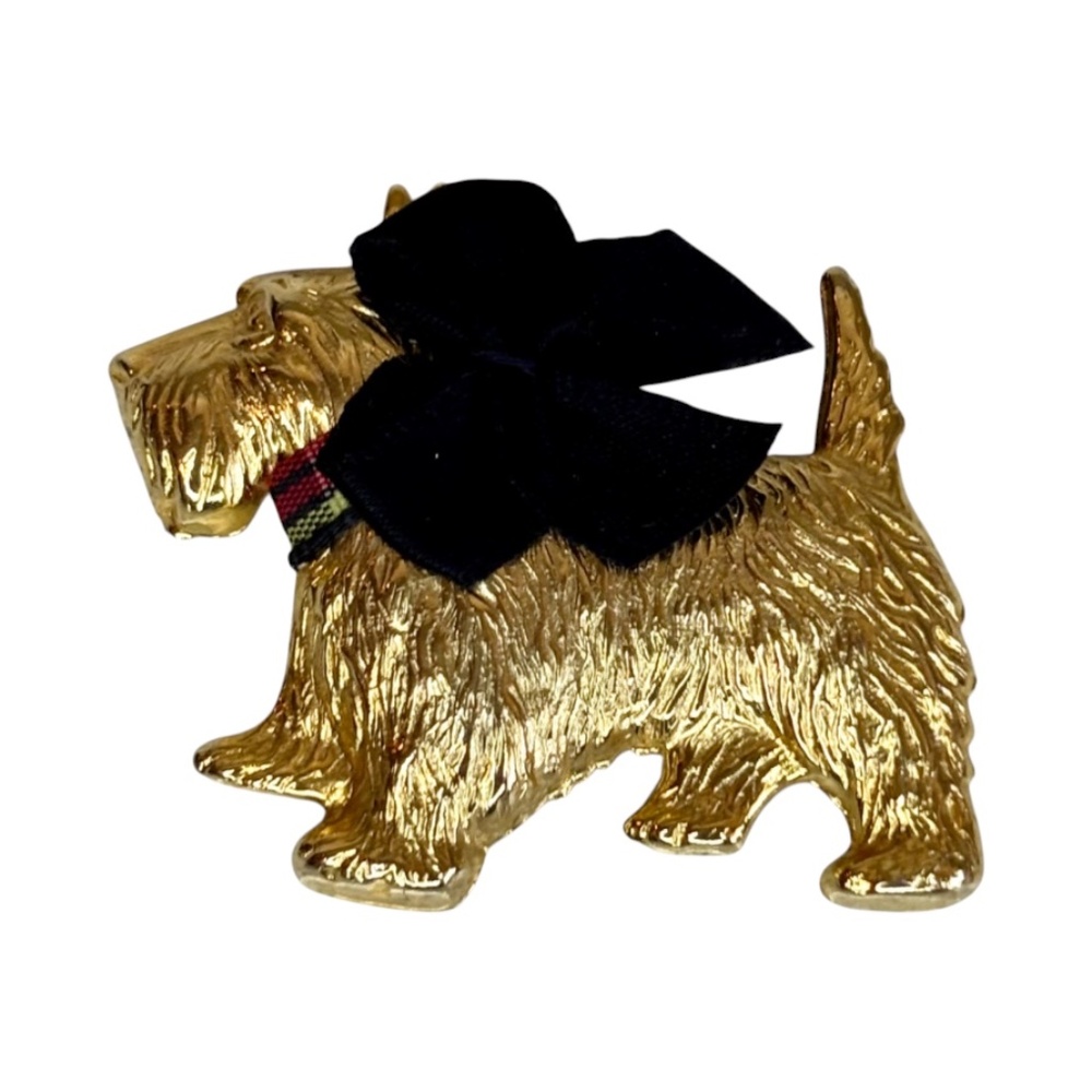 Vintage Scottish Terrier Dog Gold Tone Brooch Pin With Plaid Collar & Black Bow